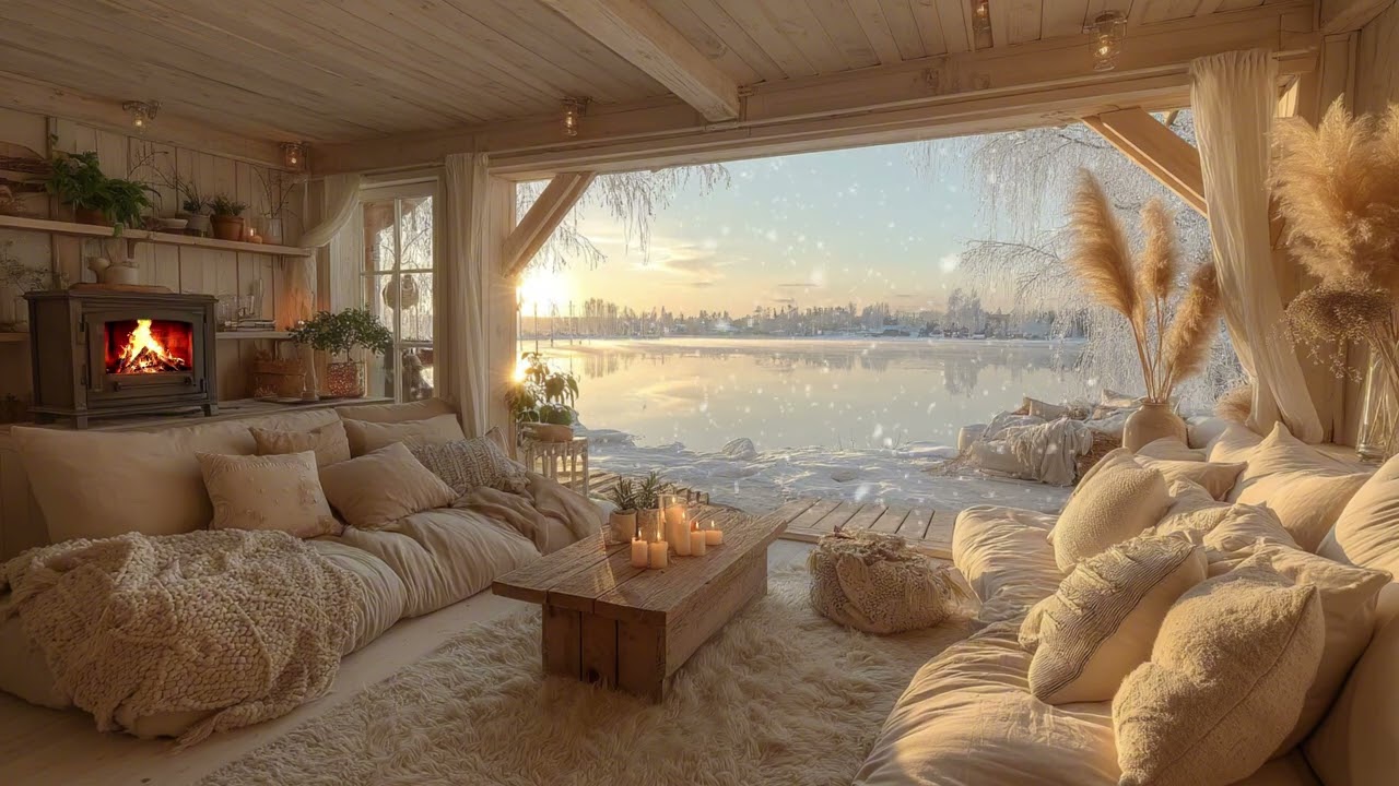 Calm Winter Morning Ambience ❄️ Lakeside Cabin Piano Musi