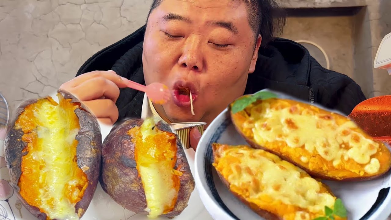 甜到心坎里！猴哥做的芝士焗红薯香到爆，金黄拉丝超诱人，一家人吃得满脸幸福！【胖猴仔】