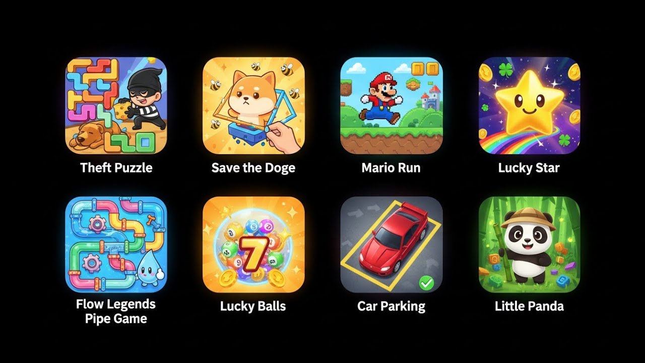Thief Puzzle, Save The Doge, Mario Run, Lucky Star, Flow Legends, Cars Parking, Little Panda