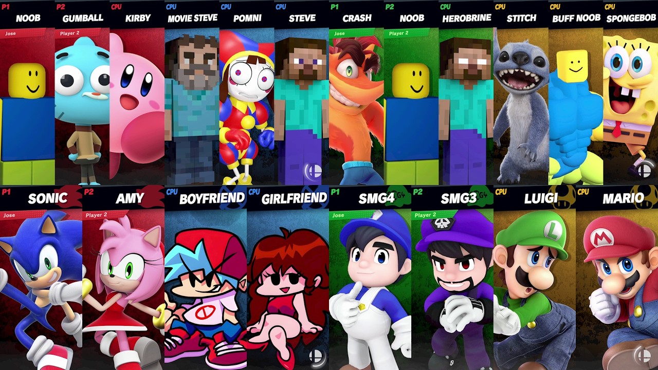 NEW Sonic vs Mario vs Roblox vs Minecraft vs SpongeBob vs Girlfriend in Super Smash Bros Ultimate
