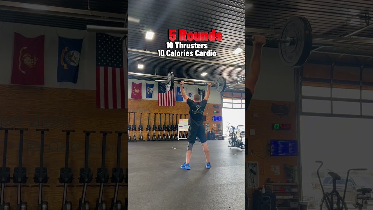5 Rounds of 10 Thrusters and 10 Calories of Cardio. #thrusters #cardio #workout #crossfit #metcon