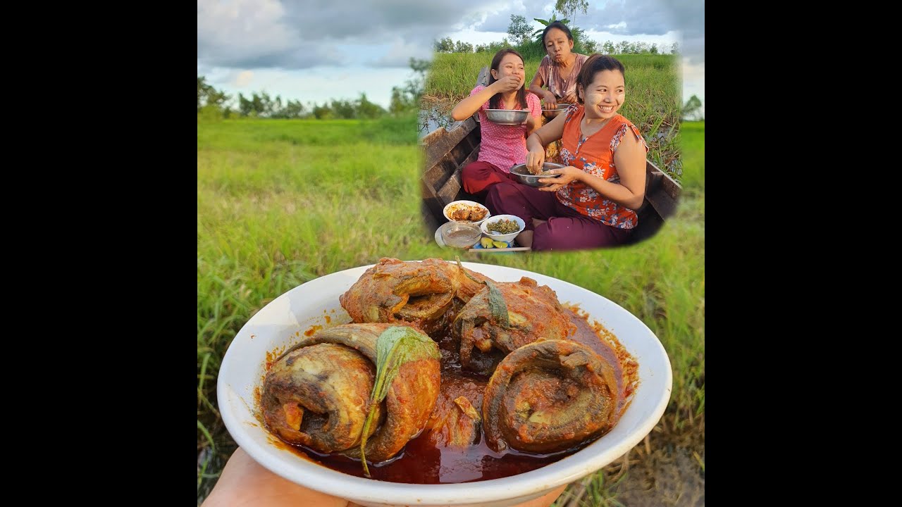 လှေထွက်စီးရင်း ငါးမျှားမယ်🤗 ငါးဖယ်လိပ်ဟင်းနဲ့ မန်ကျည်းသီးစိမ်းထောင်းကြောင့် ဗိုက်တွေတင်းကားသွားတာပဲ😋