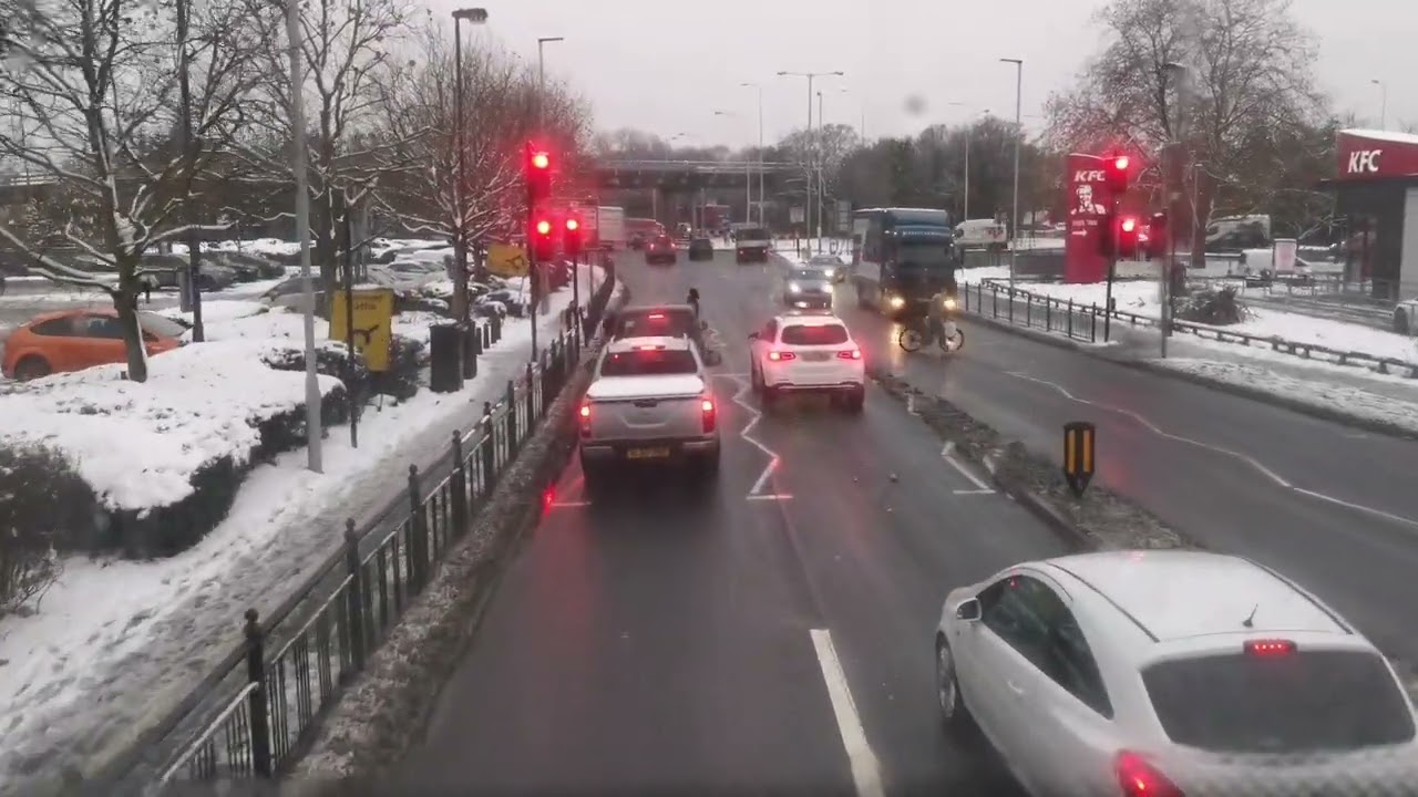 UK bad weather, snow in Essex and london in 2022. from brentwood towards Romford Market by bus..