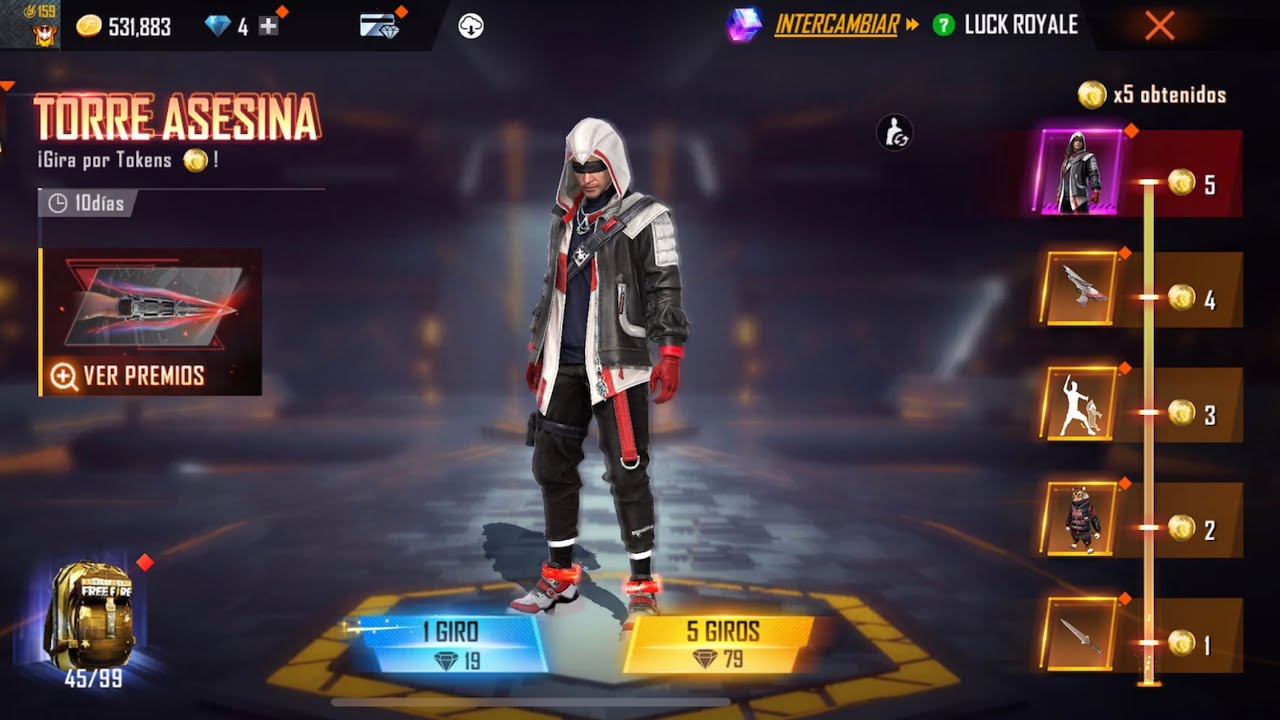 Torre Asesina sacando puños daga -desert eagle-Alas de Metal Free Fire colaboración assassin's creed