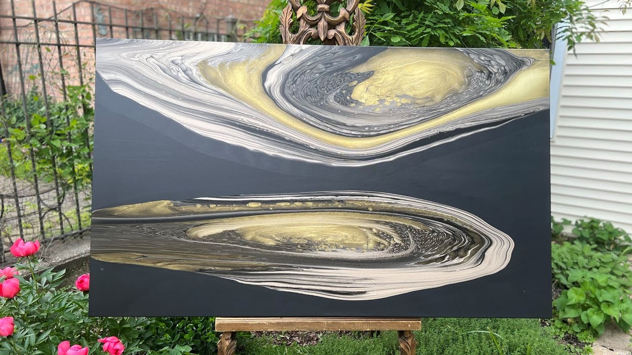 Huge 40 x 60 Inch Black and Gold Minimalist Painting Tutorial, DIY Art, Ring Pour