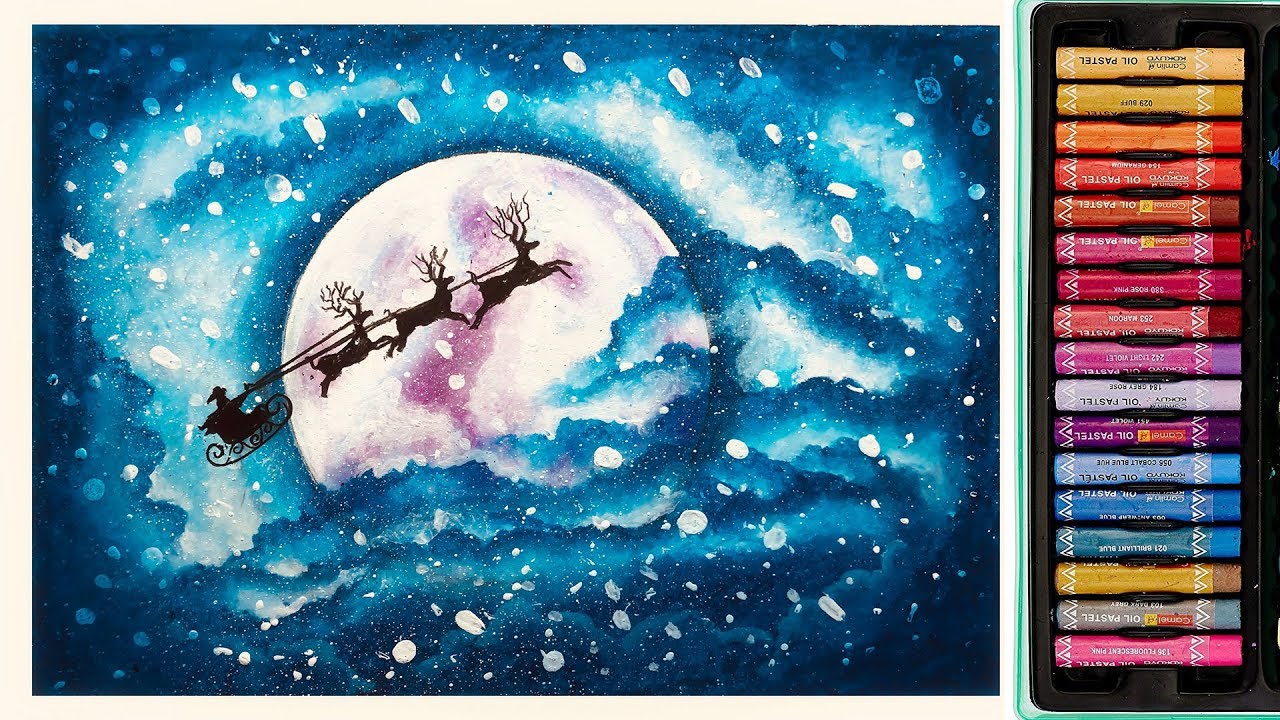 Christmas Drawing | How to draw Christmas Scenery with Oil pastel | Tutorials for Beginners