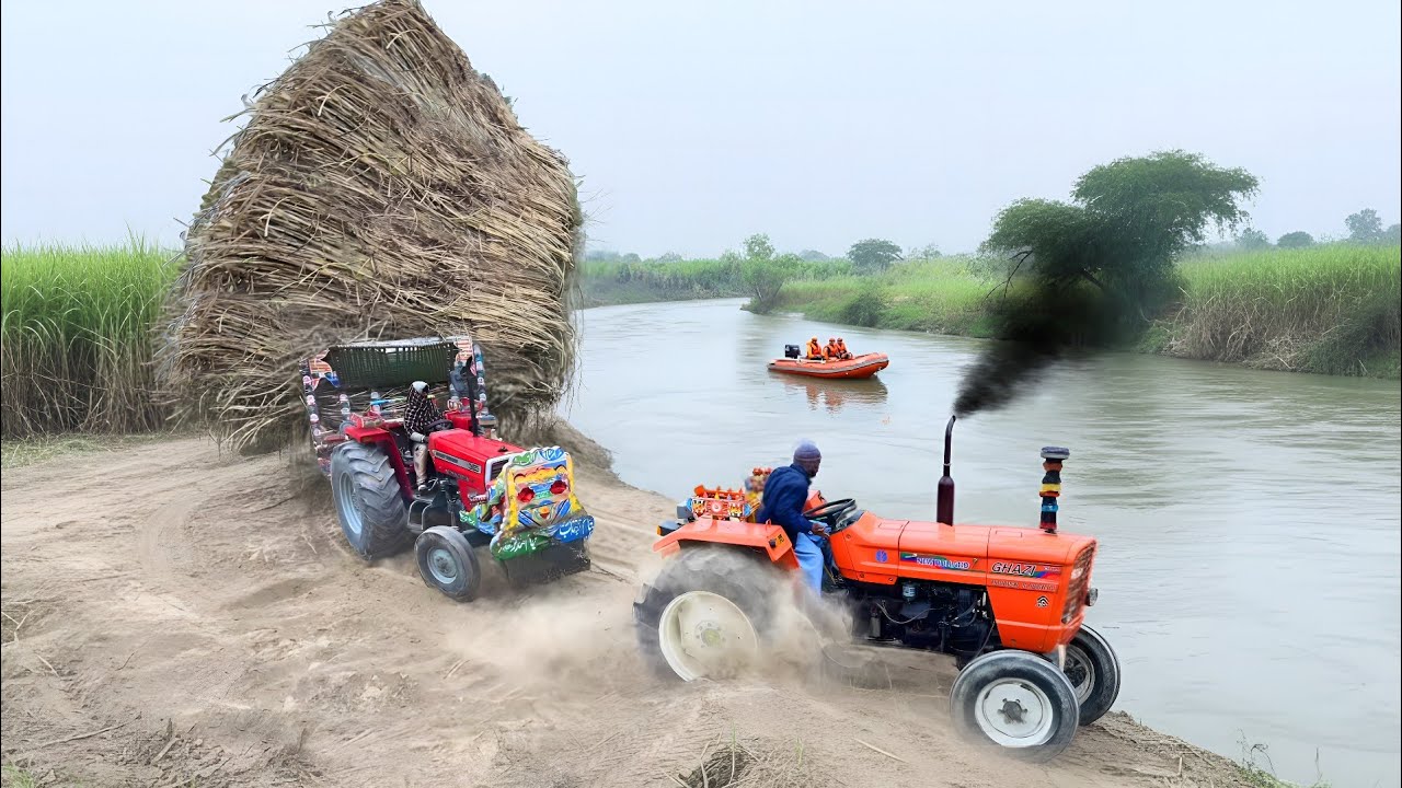 alghazi tractor amazing power | mf 385 tractor pulling sugarcane trolley 