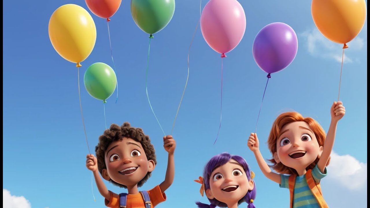 Sieben kleine Spielzeugballons schweben hoch hinaus | Farben & Zählen lernen für Kinder