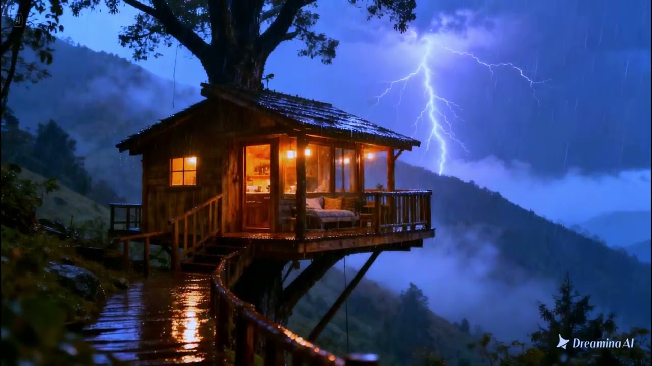 Thunderstorm Night in a Cozy Treehouse 🌧️ Rain Sounds for Relaxing
