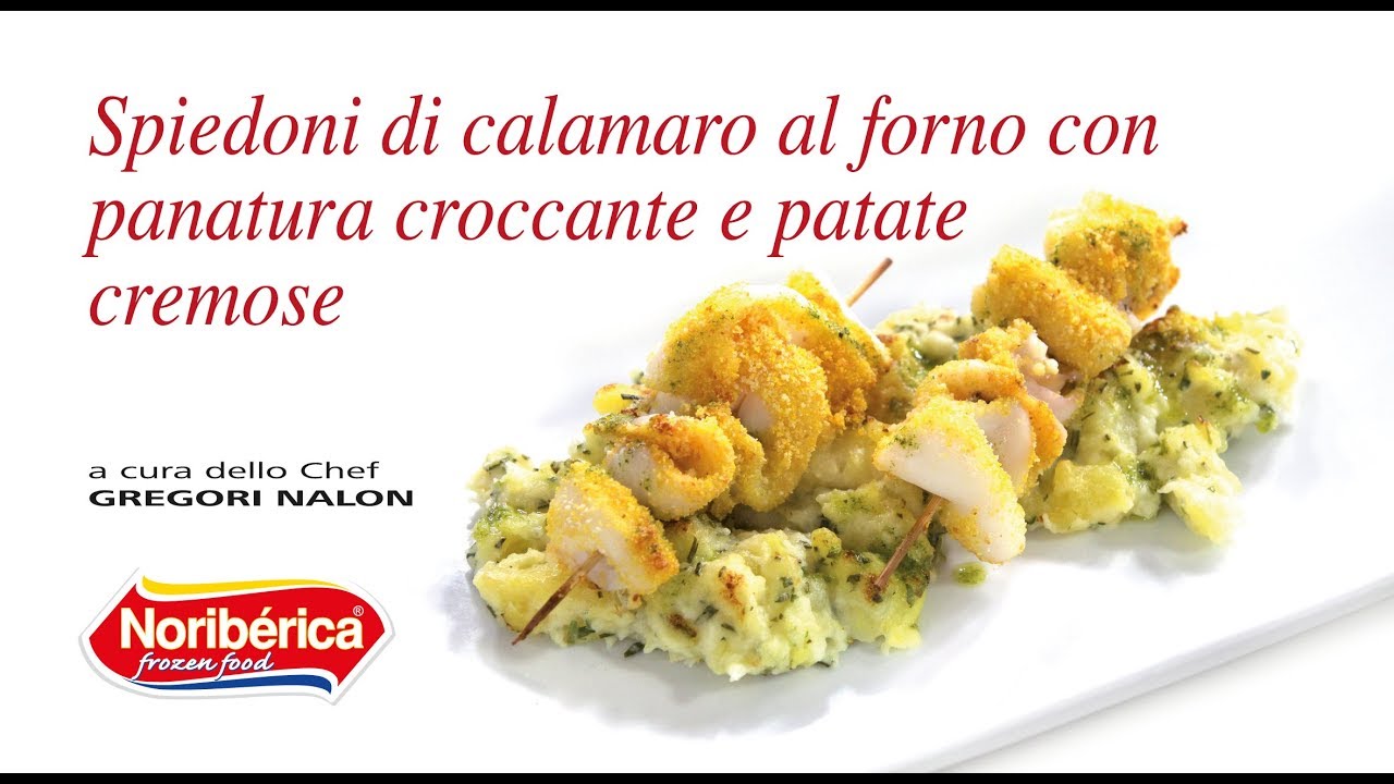 Spiedone di calamaro al forno con panatura croccante e patate cremose