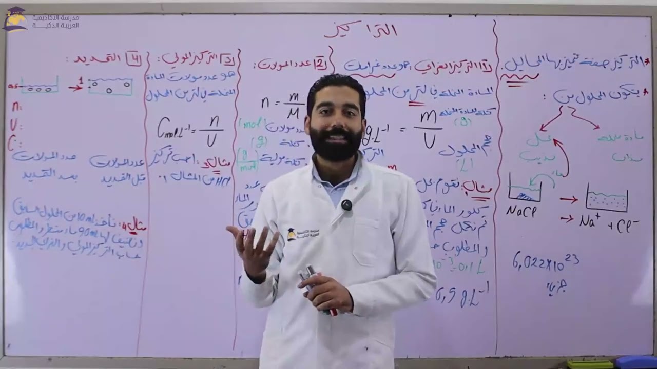 مفهوم التراكيز في مادة الكيمياء - بكالوريا علمي  الاستاذ حسين البراقي