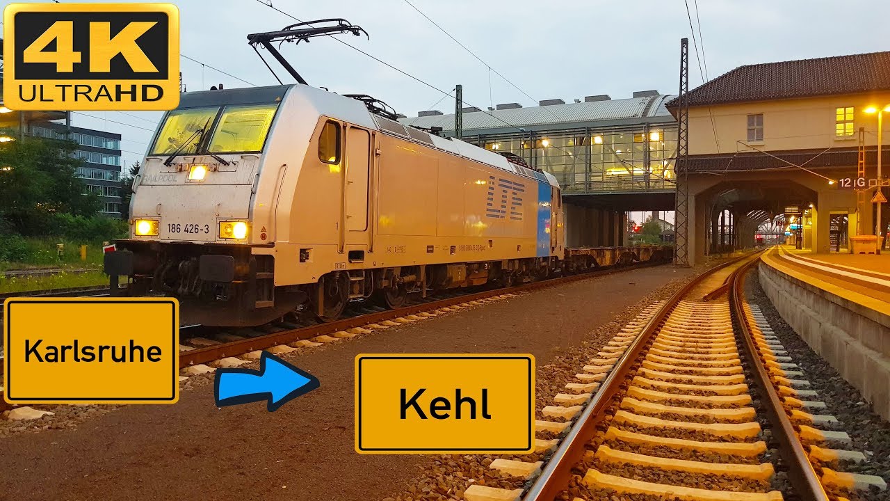 【4K】 Führerstandsmitfahrt Karlsruhe  über Ettlingen  nach Kehl  . BR 186