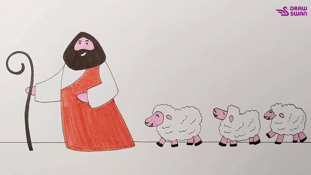 How to draw a shepherd and sheep