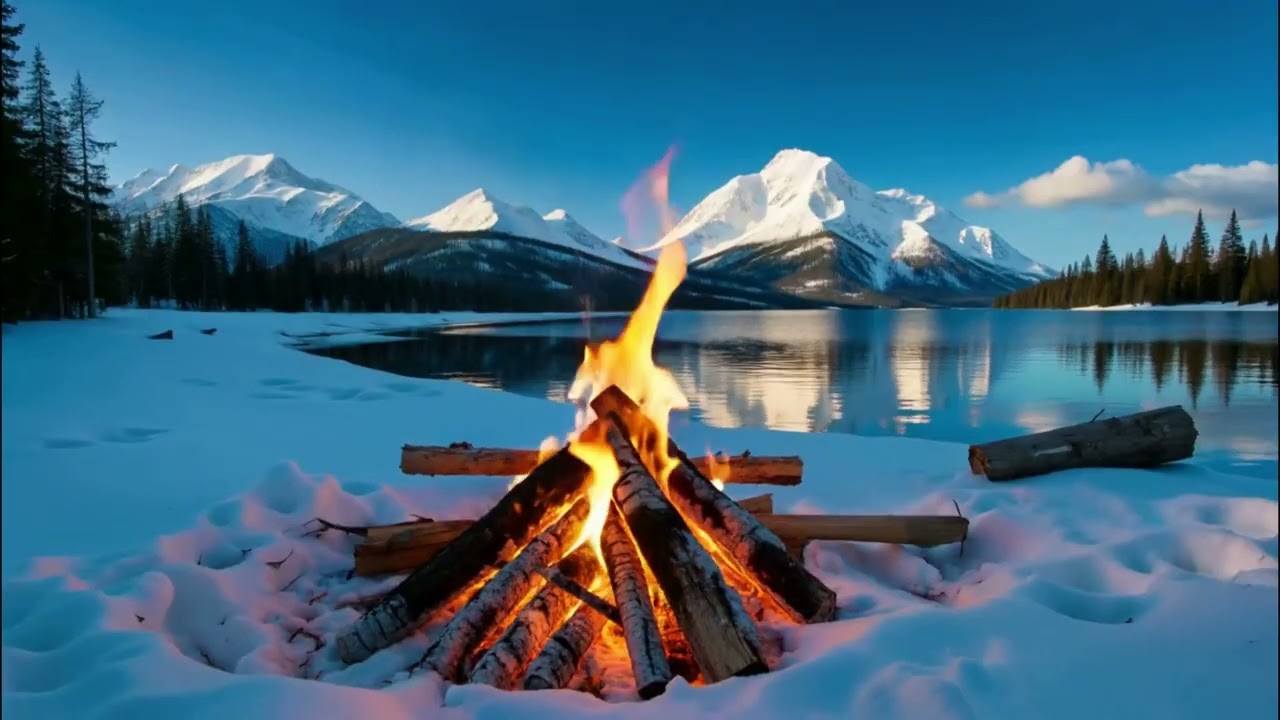 Cozy Campfire by the Lake at Night with Soft Fire Crackles for Rest and Relaxation