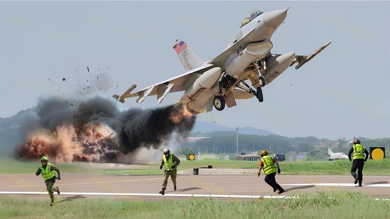 женщина-пилот американского истребителя F-16 взлетела на полной скорости в аварийной ситуации