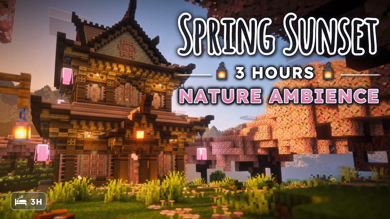 Minecraft Temple at Spring Sunset 🌸 — Peaceful Nature Ambience (3 Hours, No Music)