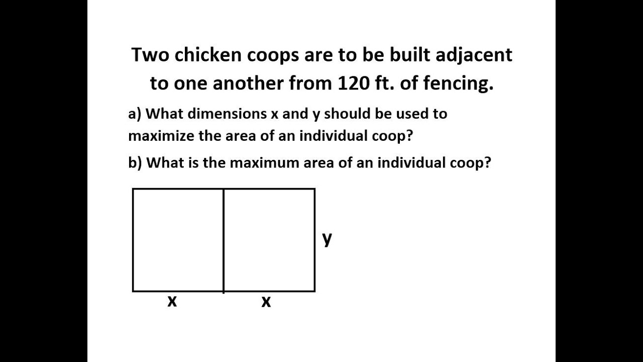Maximazation Problem, Chicken Coop Problem, Maximize the Area of the Chickent Coop