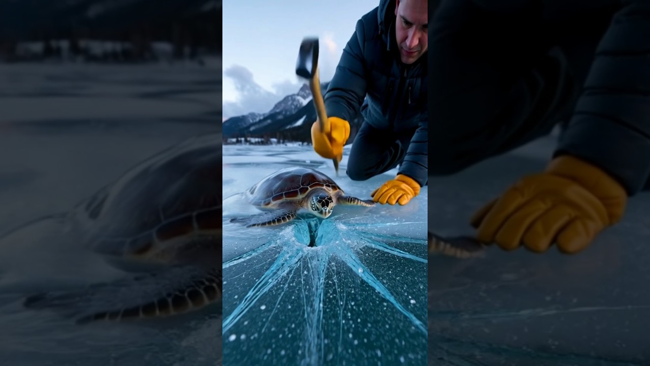 He Broke the Ice to Save a Frozen Turtle 🧊❤️#aigenerated