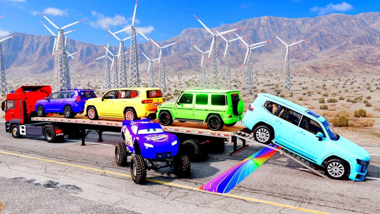 Flatbed Truck McQueen | Transportation with Truck - Pothole vs Car #13 | BeamNG.Drive Gameplay