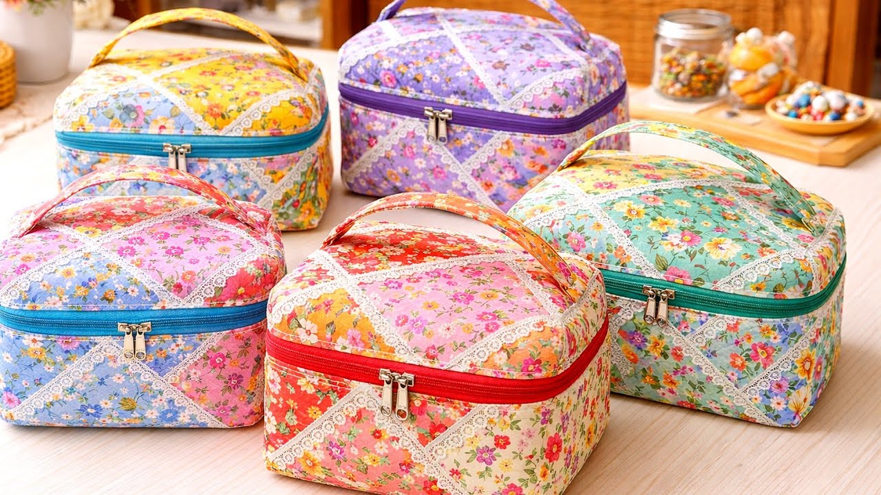 Vintage Patchwork Zipper Bag Made from Fabric Scraps