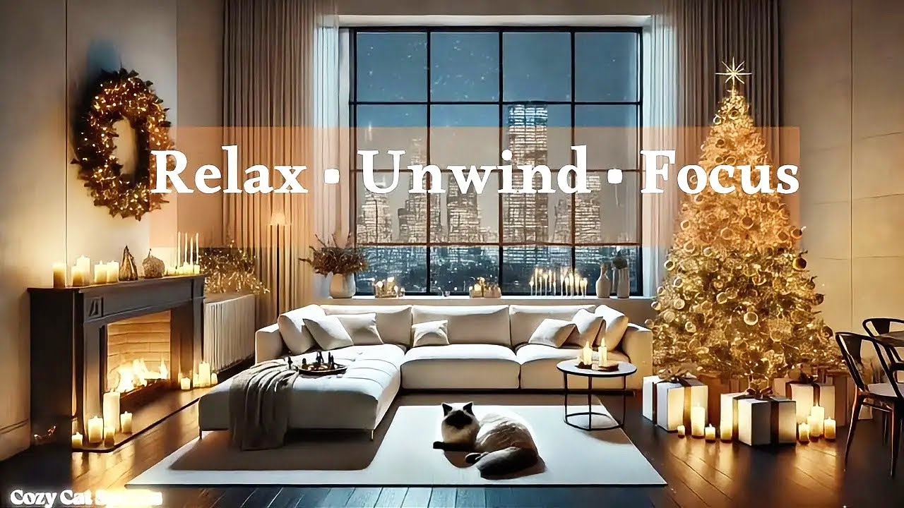 Quiet Christmas Night Ambience 🎄Cozy Living Room, City Lights & a Sleeping Cat