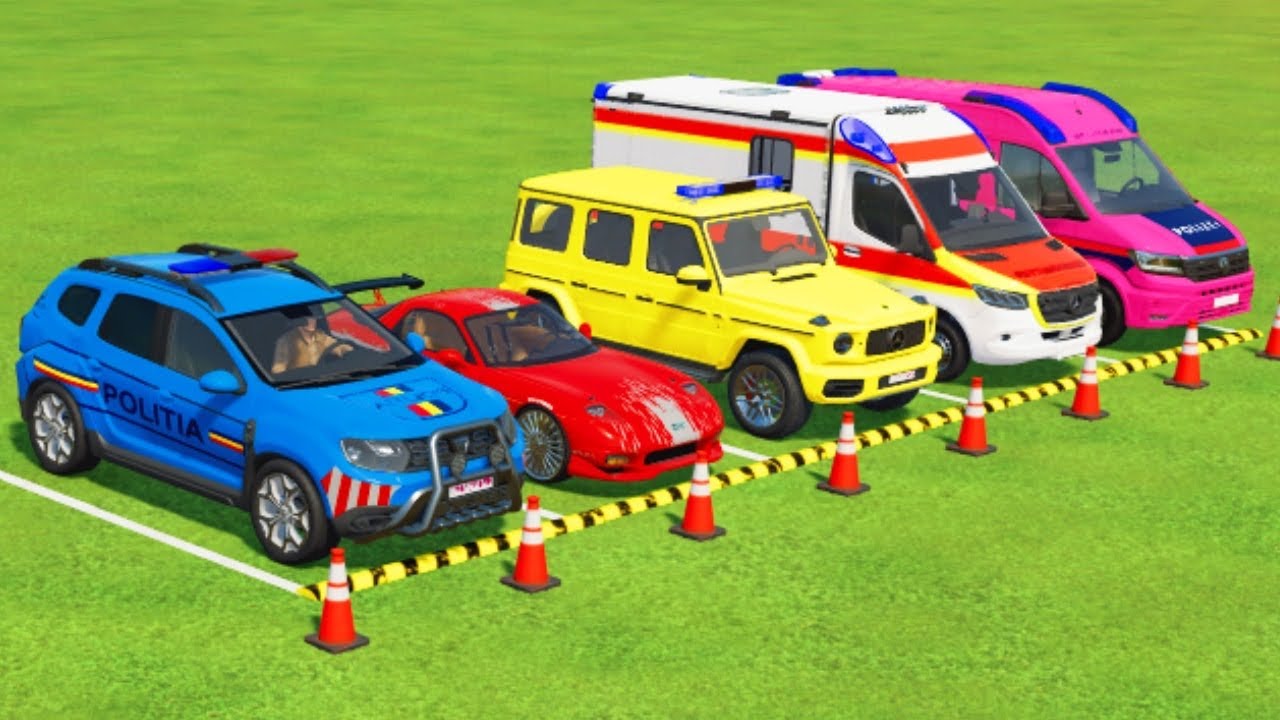 TRANSPORTING CARS, AMBULANCE, POLICE CARS, FIRE TRUCK, MONSTER TRUCK OF COLORS! WITH TRUCKS! - FS 22