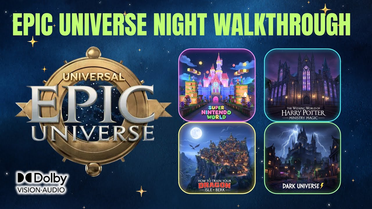 Epic Universe All Lands Night Tour | 6K Walkthrough Dolby Audio