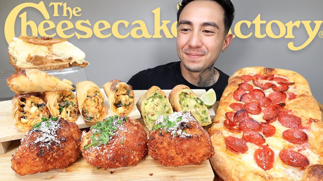 MUKBANG EATING The Cheesecake Factory Pepperoni Pizza, Fried Mac And Cheese Balls, Tex Mex Rolls
