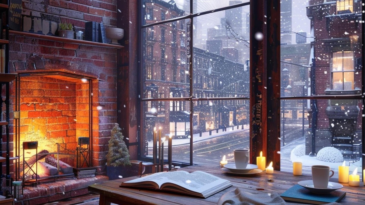Cozy Fireplace Library 📚 Warm Jazz & Coffee for Focused Reading and Deep Study