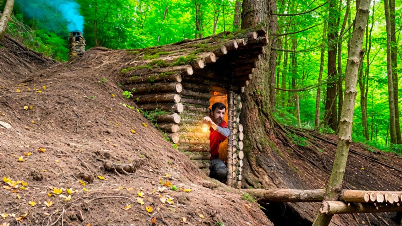 Bushcraft Cabin Build on a Hillside Beside a Stream