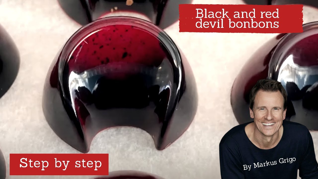 Black and red chocolate bonbons, step by step