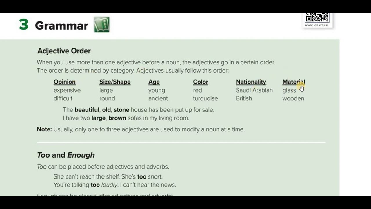 إنجليزي ثاني ثانوي الوحدة السابعة قاعدة Adjective order الفصل الدراسي الثاني 