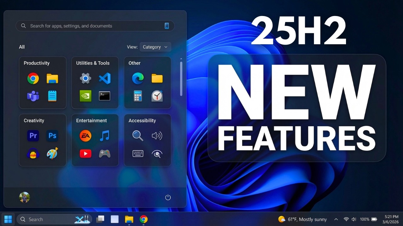 Новое меню «Пуск» и значки батареи в обновлении Windows 11 25H2 2026