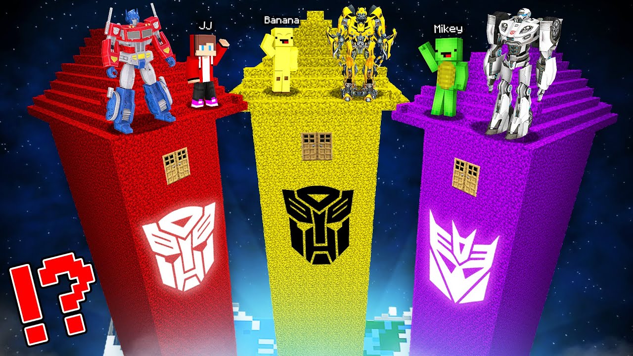 JJ's Optimus Prime vs Banana Bumblebee vs Mikey's Megatron Survive House Battle in Minecraft !