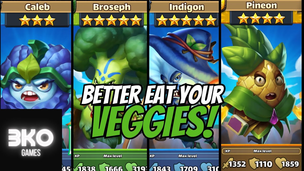 Time to Eat Your Valiant Vegetables! Indigon, Broseph, Pineon, and Caleb - Empires & Puzzles