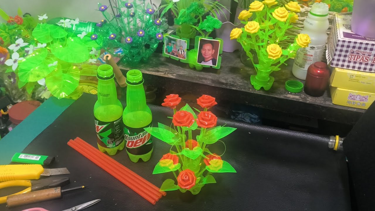 rose flower with leaves using pet bottles and drinking straw plastic bottle craft