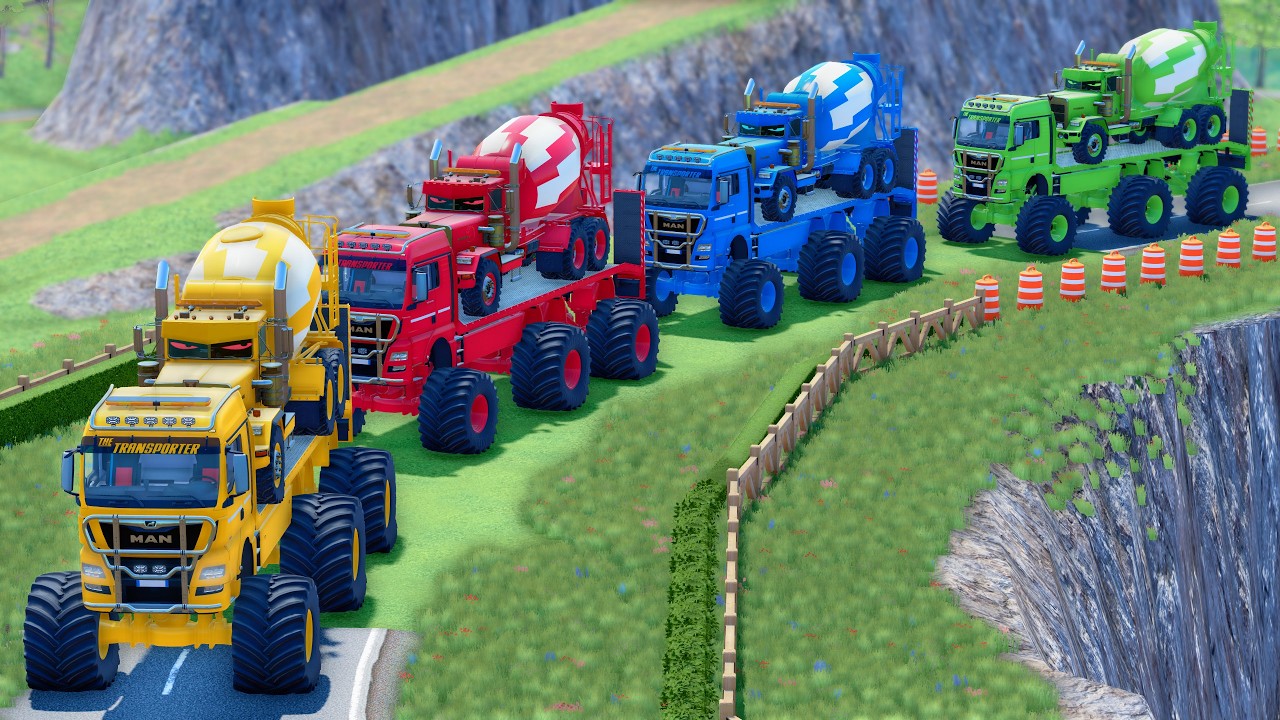 MONSTER FLATBED TRUCK LONG CONVOY TRANSPORT OF COLORS! ALL  MIXER TRUCK, MAN, SCANIA, LIZARD - FS25