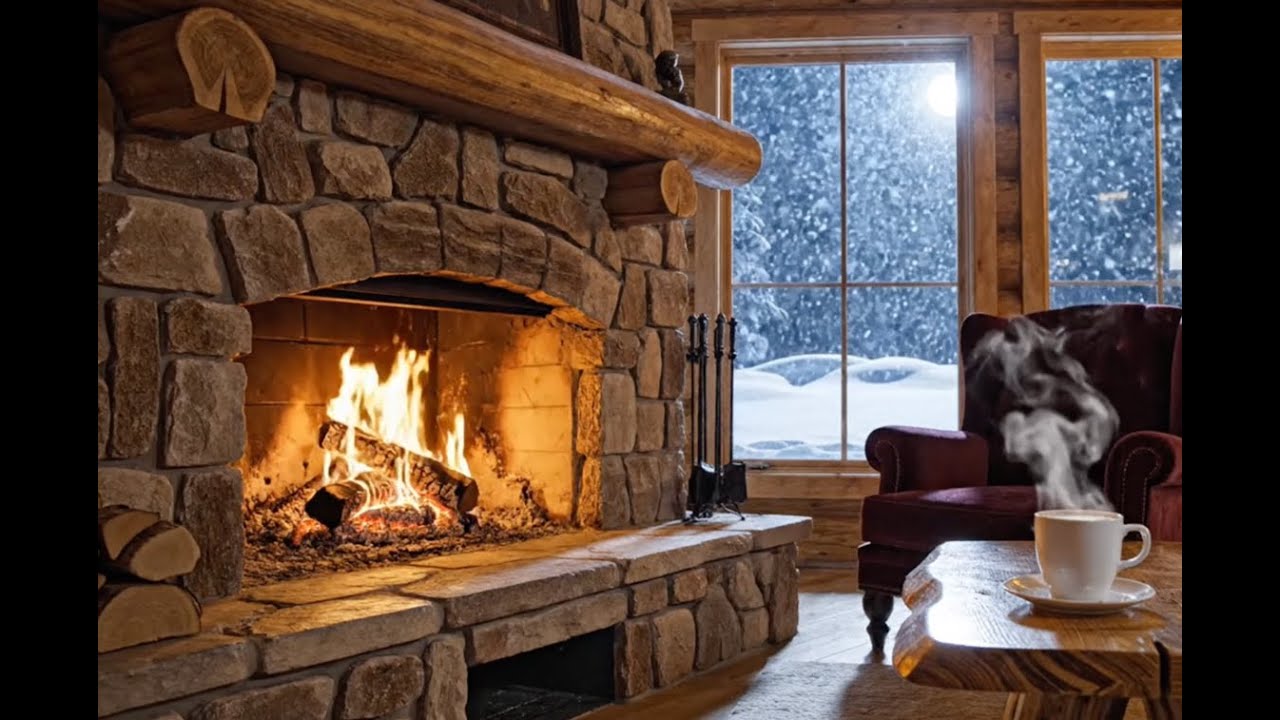 Chill Scenes Fireplace with Coffee and Snow