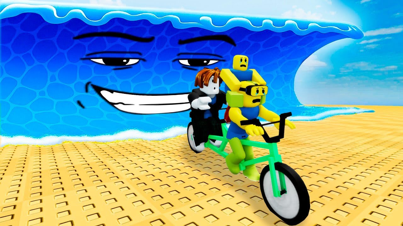 Cousin Bacon and Jehx Escape a Mega Tsunami on Bicycles in Roblox