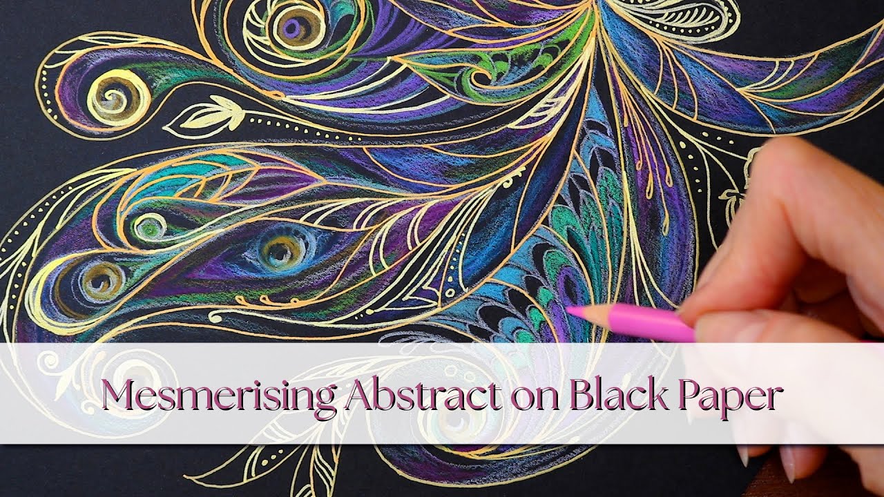 Intuitive abstract drawing on black paper with colored pencils and acrylic markers