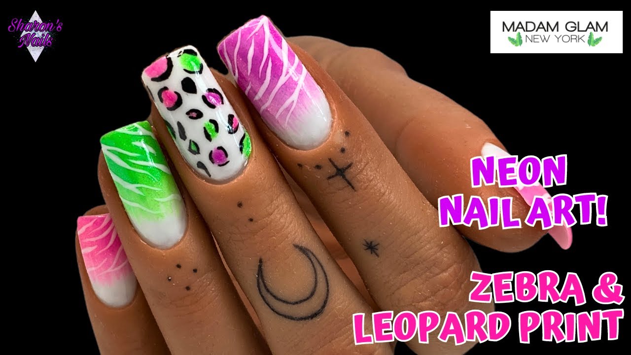 Neon Nail Art -Zebra & Leopard Print (Using Madam Glam) #madamglam #nailart #neonnailart #zebranails