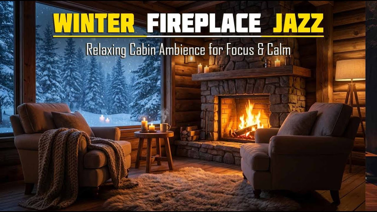 Cozy Winter Cabin Jazz 🎷 Fireplace Ambience & Snowfall for Deep Relaxation