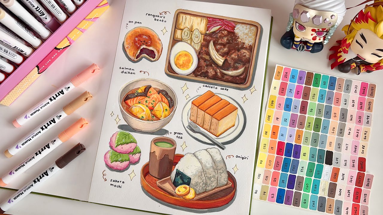 🍙 arrtx 120 anime acrylic markers! 🍡 demon slayer food illustration 🍱 unboxing and review 