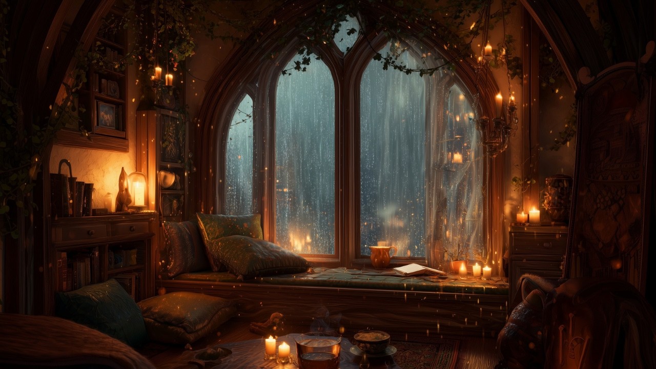 Rain on Window in a Cozy Fantasy Room 🌧️ Candlelight & Books | Rain Sounds for Sleep (3 Hours)