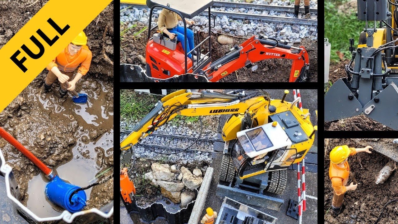 Drilling under the railway with missile mole. RC excavator Liebherr A918, Kubota U17. FULL Edit