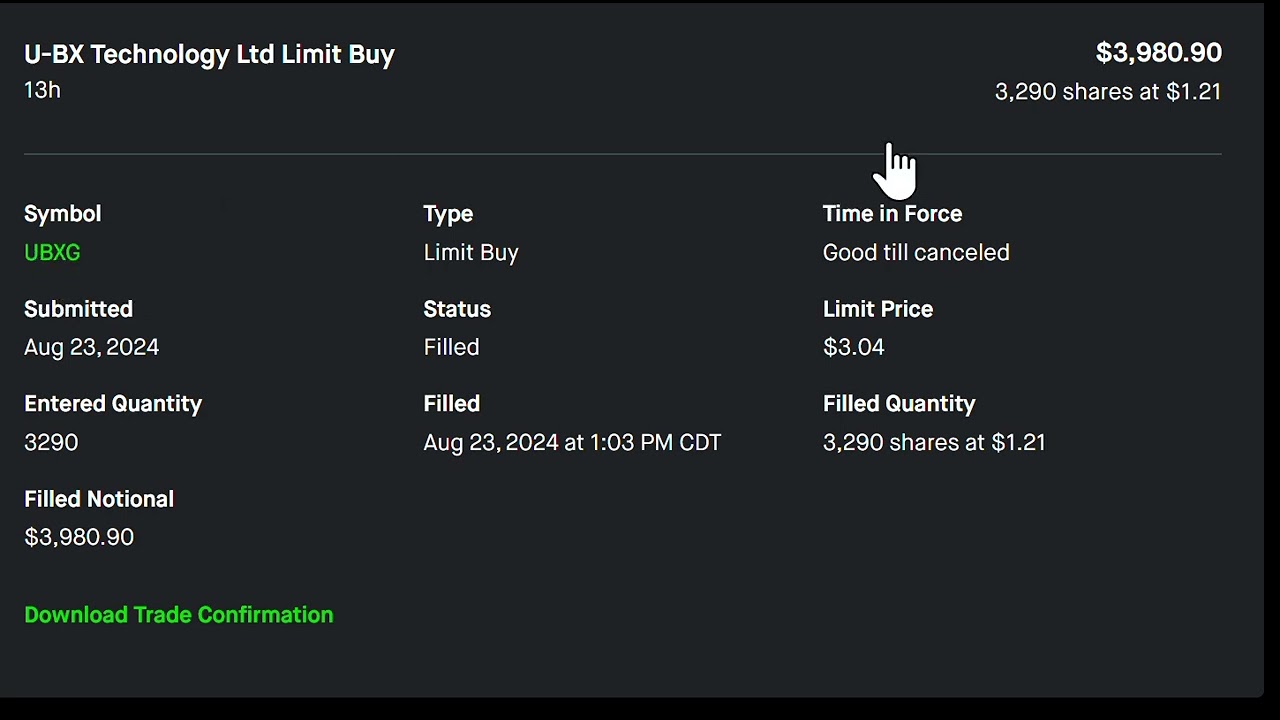 U-BX Technology Ltd stock purchase using limit buy on August 23, 2024 #money #stocks #stockmarket