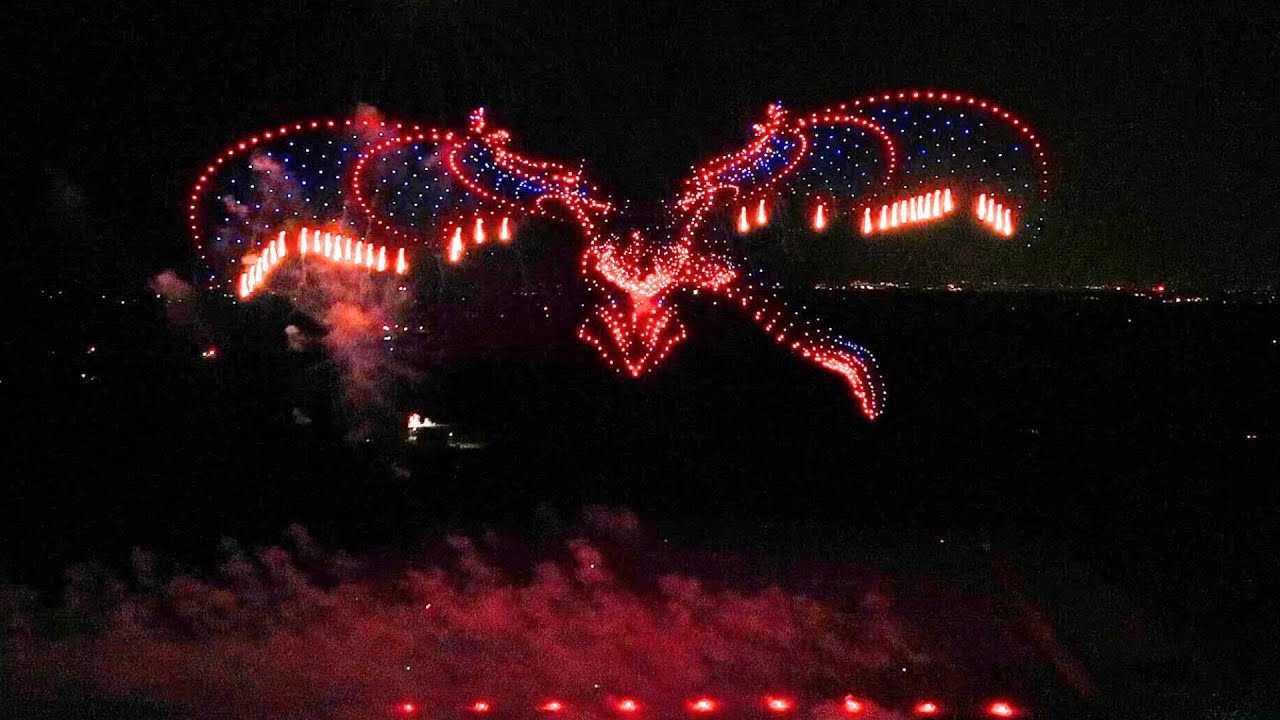 1800-Drone Dragon with Fireworks & Flames! Aerial clips of 