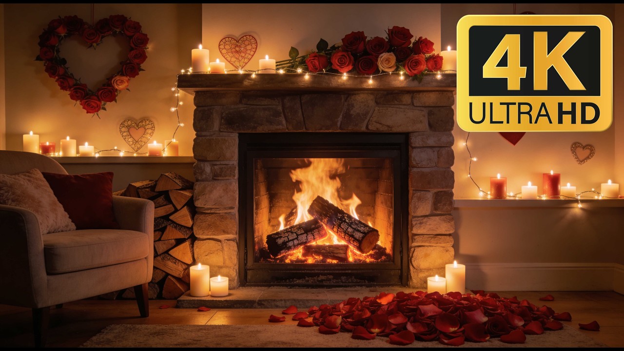 12H Romantic Fireplace 4K ❤️ Candlelight & Cozy Crackling Fire (No Music)