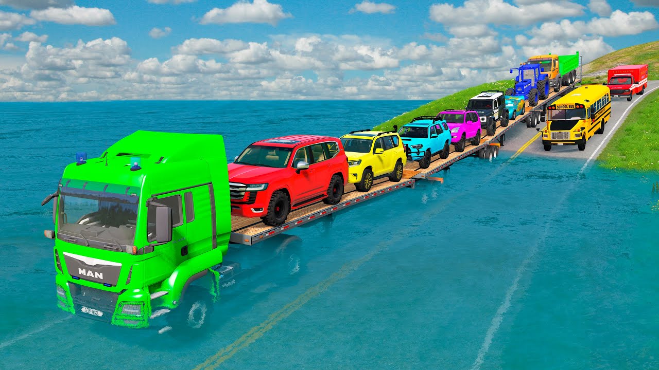Triple Flatbed Trailer McQueen Transportation with Truck - Speedbumps vs Cars vs Train - BeamNG #233