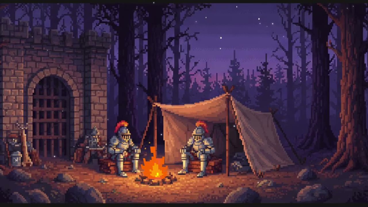 Medieval Knight Camp at the Forest Gate | Cozy Pixel Campfire Ambience
